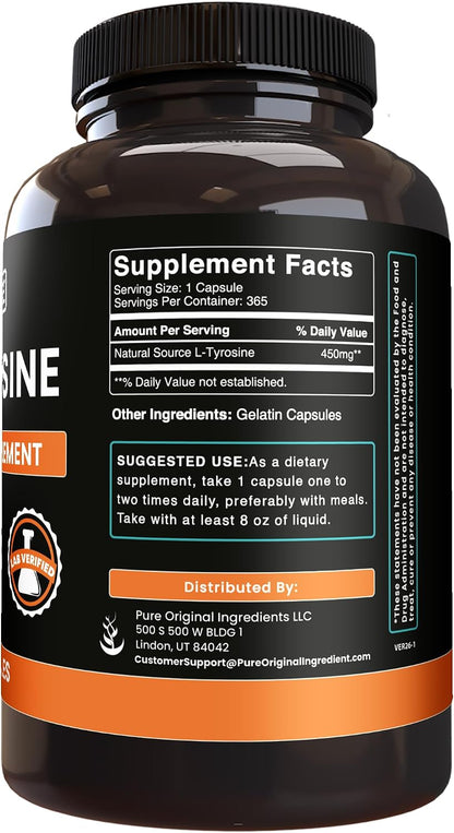 Pure Original Ingredients L-Tyrosine (365 Capsules) – No Additives, Pure Formula