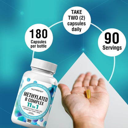 NutraPep Methylated B-Complex Vitamins - Complete Methyl B Complex Multivitamin with Bioactive B9 5-MTHF B6 B12 - MTHFR Support Supplement for Brain, Heart & Energy - Vegan, Gluten-free, Sugar Free