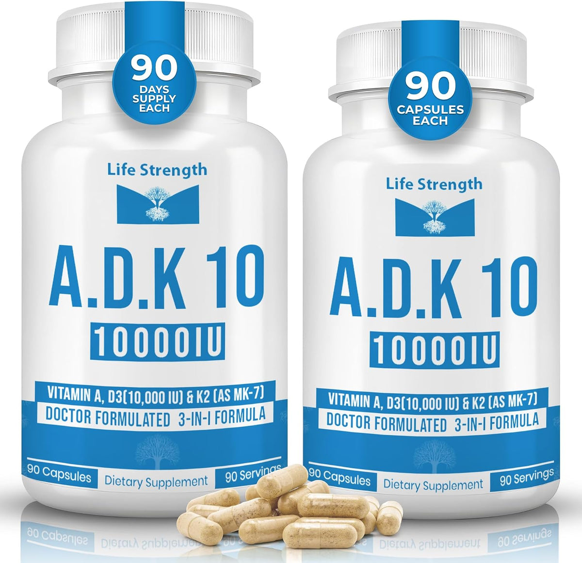 LifeStrength ADK 10 Supplement (180 Capsules) - Physician Formulated Vitamins A1, D3 & K2 (as MK7) for Bone Health - Immune System Support - Gluten-free, Soya Free, Non-GMO - görsel 1