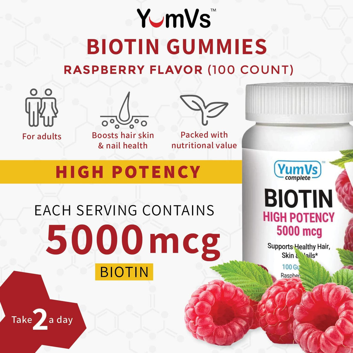 YUM-V's Biotin Gummies – High Potency Biotin 5,000 mcg – Natural Raspberry Flavour – Hair, Skin and Nails Support (100 Count) - görsel 2