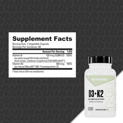 NutraBio Vitamin D3 & K2 - 5000 IU D3 + 180mcg Vitamin K2 (MK-7) - 60 Vegetable Capsules
