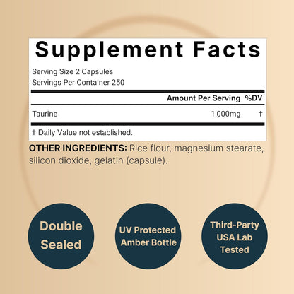 NatureBell Taurine 1,000mg Per Serving, 500 Capsules – Double Strength Amino Acid Food Supplement