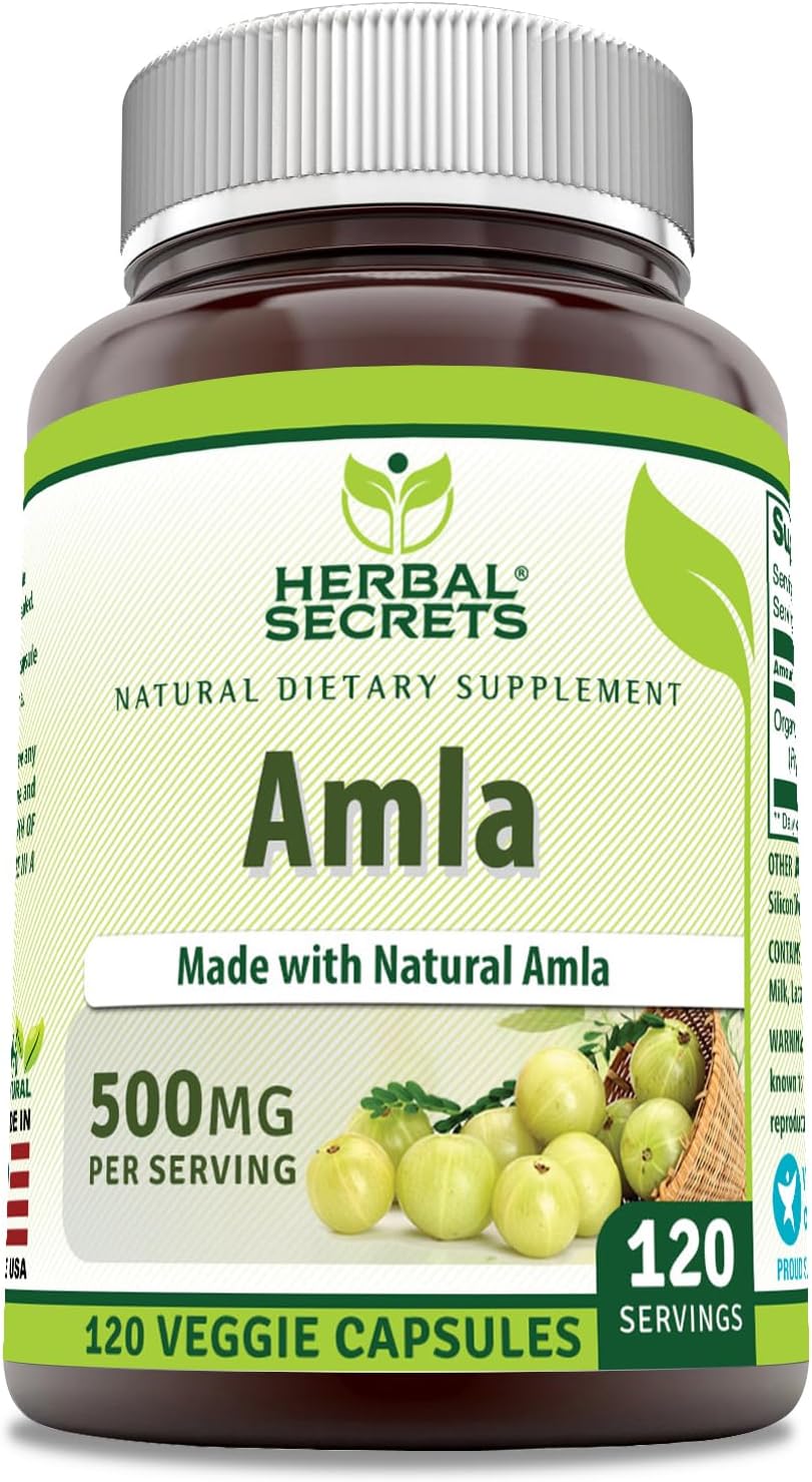 Herbal Secrets Amla Supplement | 500 Mg Per Serving | 120 Veggie Capsules | Made with Natural Amla | Supplement | Non-GMO | Gluten-free | Made in USA - görsel 1