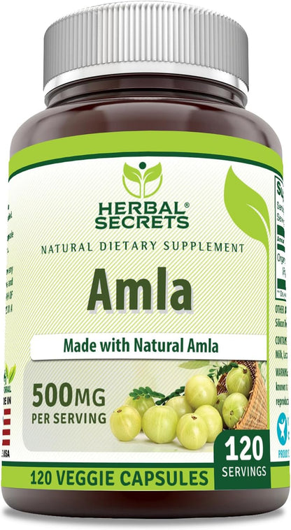 Herbal Secrets Amla Supplement | 500 Mg Per Serving | 120 Veggie Capsules | Made with Natural Amla | Supplement | Non-GMO | Gluten-free | Made in USA