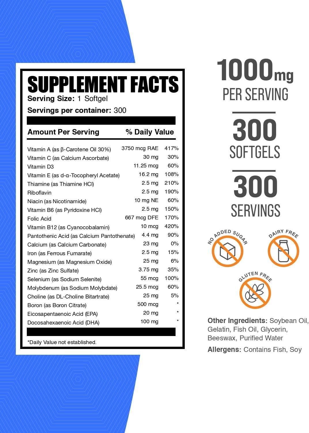 BulkSupplements.com Multivitamin Softgels - Daily Multivitamin with Fish Oil - 300 Softgels - görsel 2