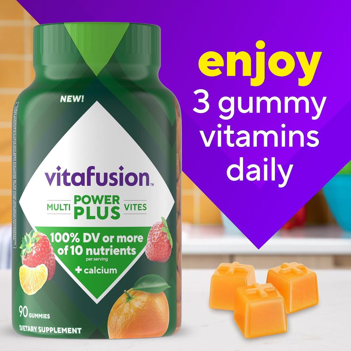 Vitafusion Power+ Multivites Adult Multivitamin Gummies, Strawberry Tangerine, 90 Gummies - görsel 3
