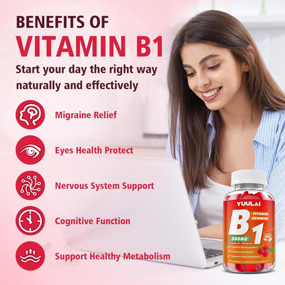 Pack of 2 Vitamin B1 Gummies 500mg for Adults and Kids, Thiamine B1 Supplement with Magnesium, Vitamin B1 Supplement for Nervous System Support and Energy Boost, Raspberry Flavour, 120 Gummies