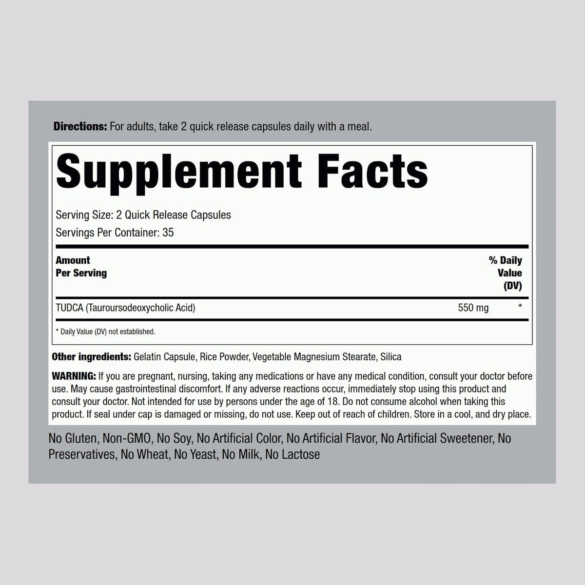 Piping Rock TUDCA Supplement – 550 mg, 70 Capsules – Tauroursodeoxycholic Acid, Non-GM, Gluten-free - görsel 2