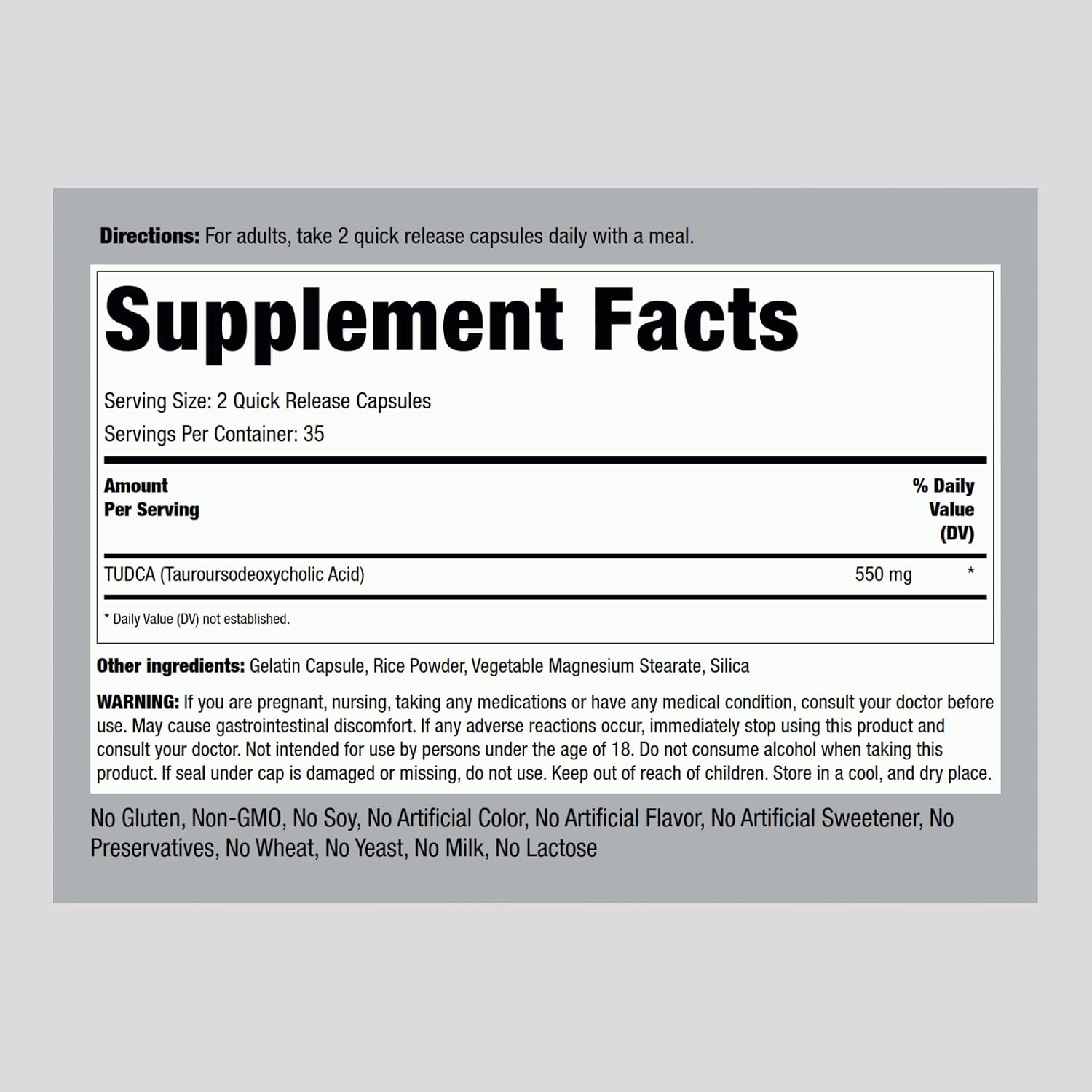 Piping Rock TUDCA Supplement – 550 mg, 70 Capsules – Tauroursodeoxycholic Acid, Non-GM, Gluten-free - görsel 2