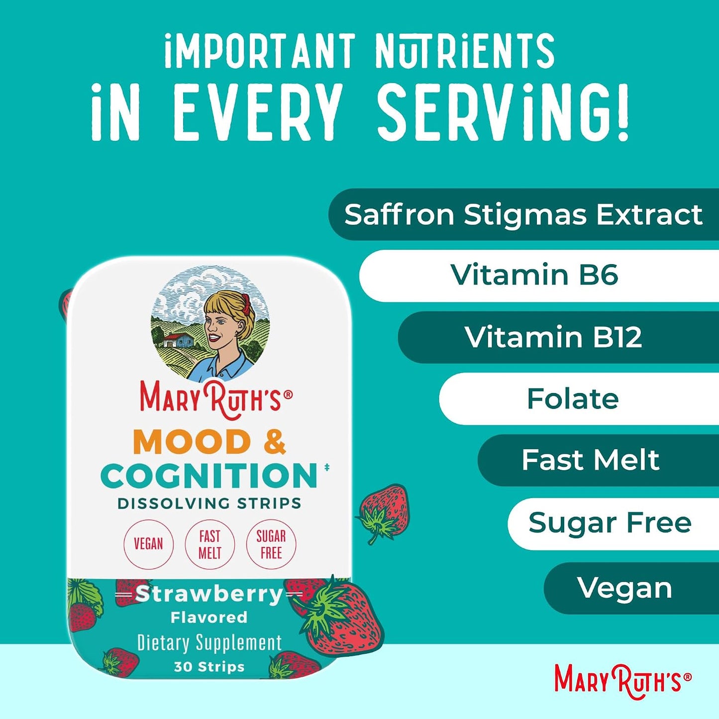 Mood & Cognition Dissolving Strips by MaryRuth's | Vitamin B12 | Vitamin B6 | Saffron | Folate | B Vitamins | Sugar Free | Strawberry Flavour | Vegan | Gluten-free | Dairy-free | 30 Strips - görsel 7