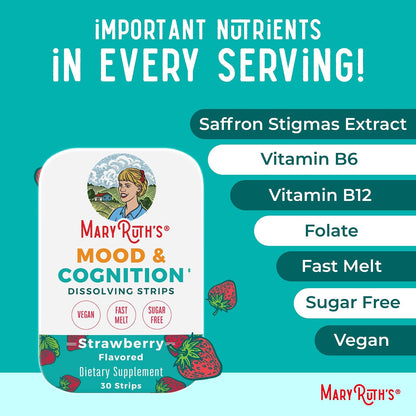 Mood & Cognition Dissolving Strips by MaryRuth's | Vitamin B12 | Vitamin B6 | Saffron | Folate | B Vitamins | Sugar Free | Strawberry Flavour | Vegan | Gluten-free | Dairy-free | 30 Strips