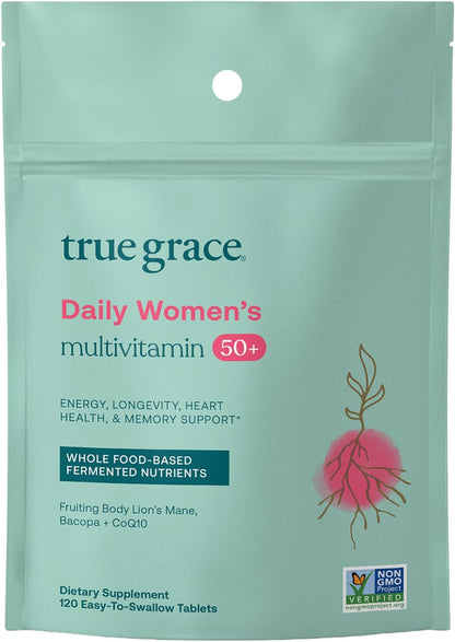 True Grace Daily Women’s Multivitamin 50+ - 60 Easy-to-Swallow Tablets - Immune, Energy, Longevity & Memory Support - Vegan, Gluten-free, Soya-Free and Iron-Free