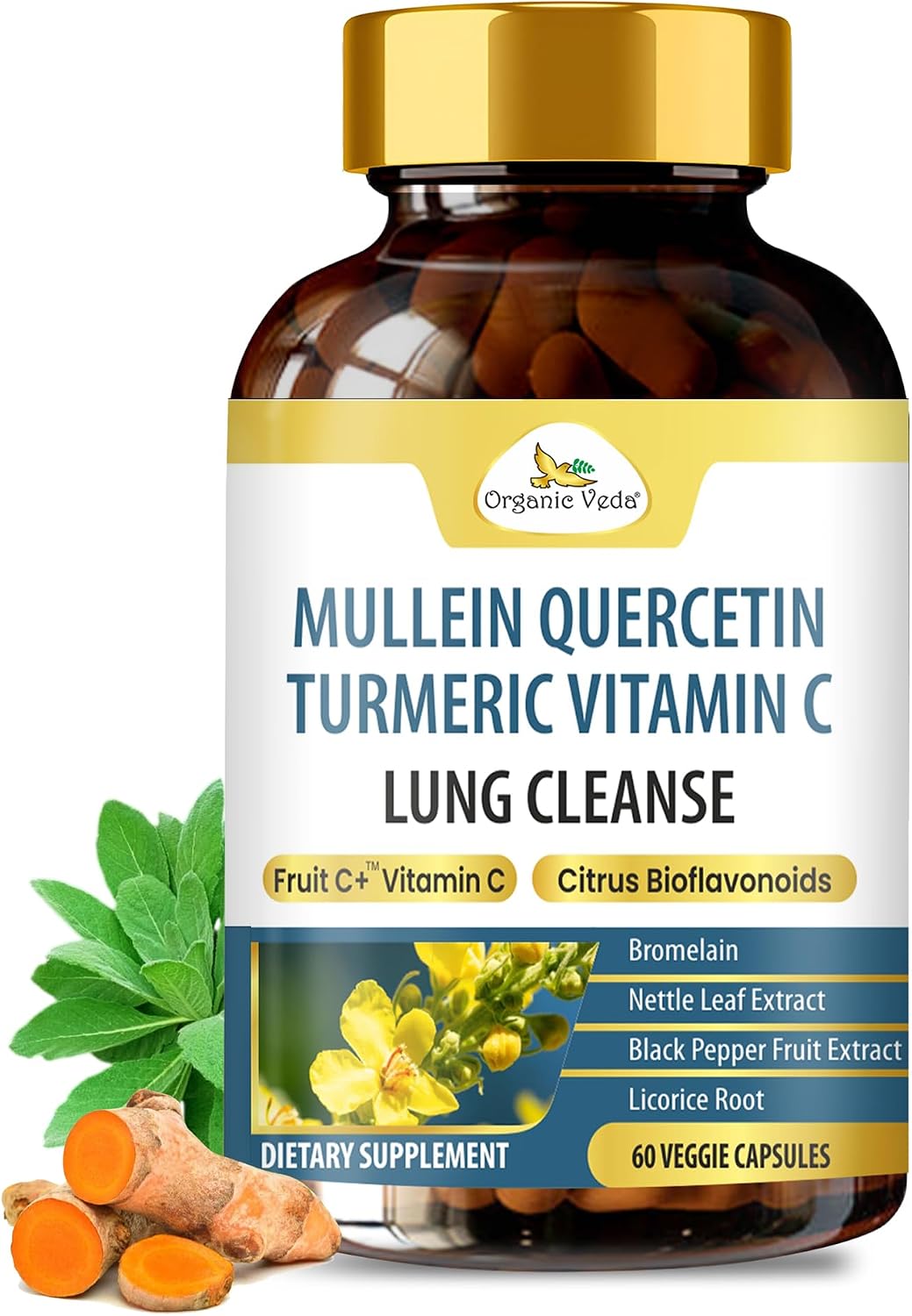 Organic Veda Mullein Quercetin Turmeric Lung Cleanse Capsules - 13 in 1 Herbal Lung Health Supplement - görsel 1