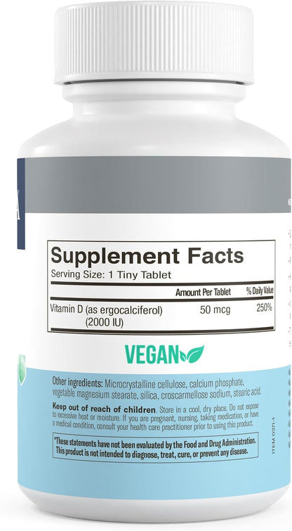 FREEDA Vitamin D2 2000 IU – Vegan Vitamin D for Bone Strength and Immune Support – 100 Small Tablets