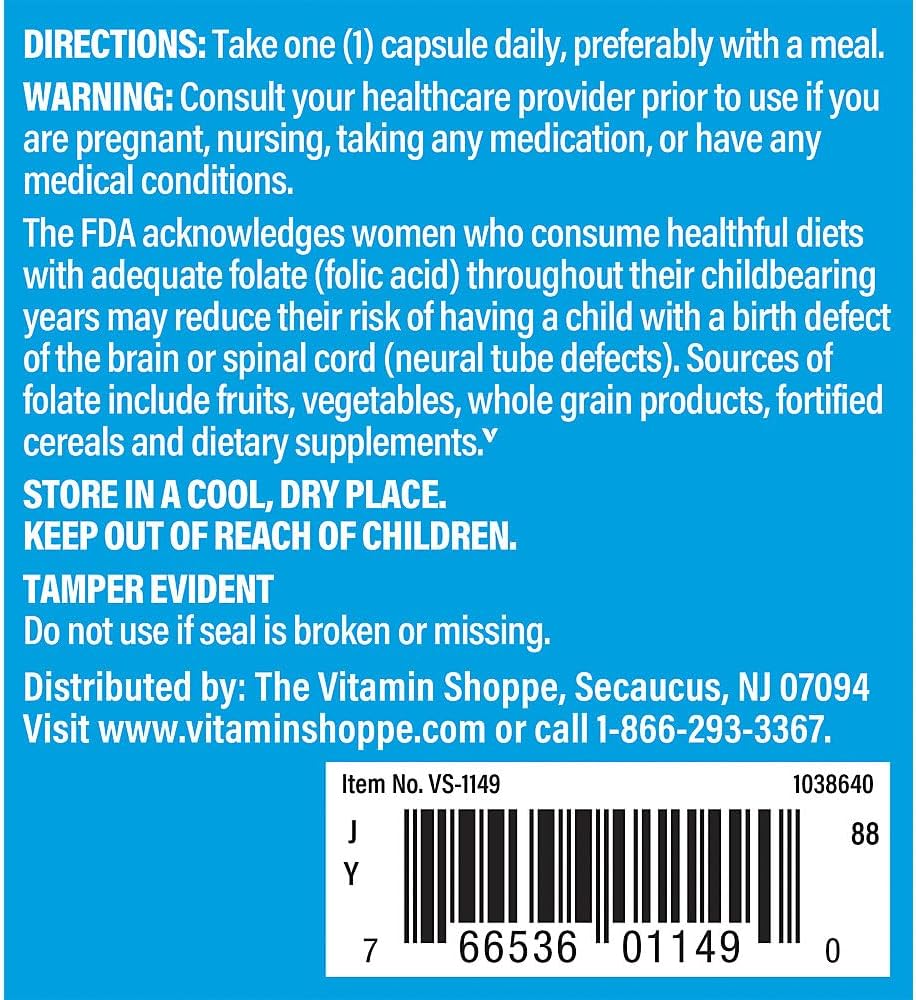 The Vitamin Shoppe Folic Acid 800 mcg, Prenatal Support – 300 Capsules - görsel 3