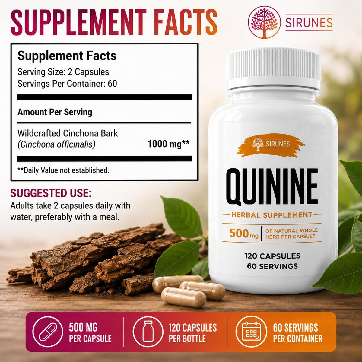 SIRUNES Cinchona Bark Quinine Capsules – Herbal Food Supplement for Muscle and Digestive Support – 500 mg, 120 Capsules - görsel 7
