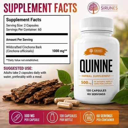 SIRUNES Cinchona Bark Quinine Capsules – Herbal Food Supplement for Muscle and Digestive Support – 500 mg, 120 Capsules