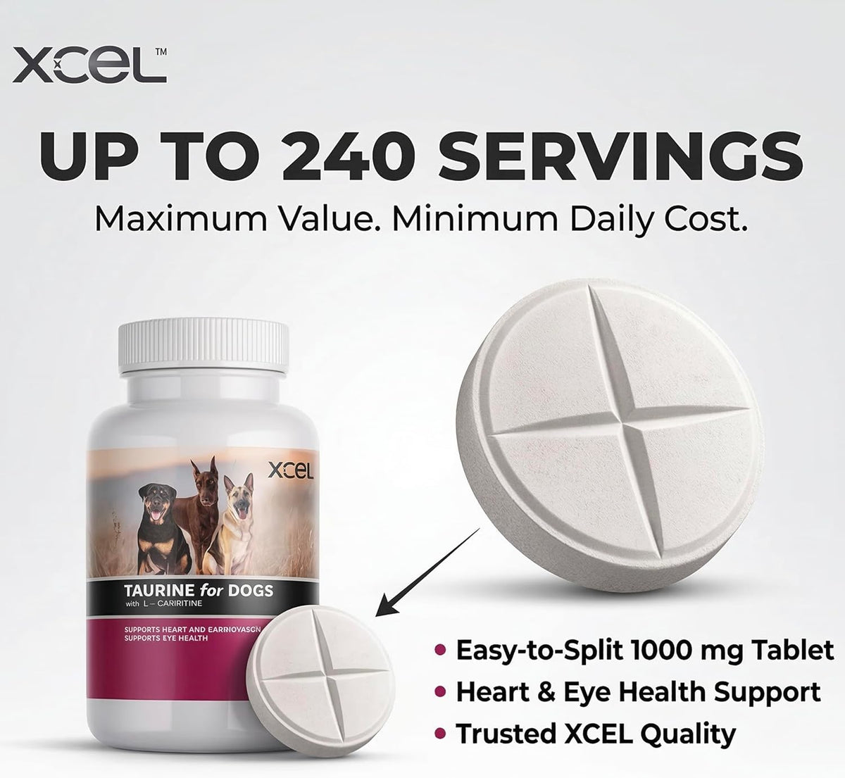 XCEL Taurine for Dogs 1000 mg with L-Carnitine, Quarter-Scored Tablets - görsel 1