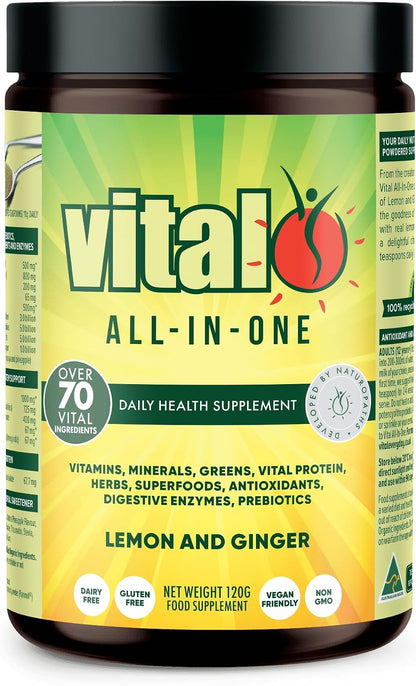 Vital All-in-One Daily Powdered Supplement - Natural Greens Superfood Powder for Energy & Wellbeing, Super Greens Powder Drink Mix with Probiotic & Antioxidant Support - Lemon & Ginger, 120 g