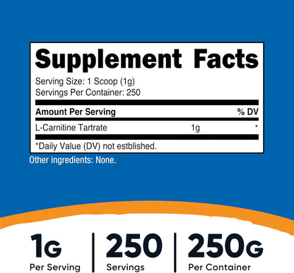 Nutricost L-Carnitine Tartrate Powder - 250 Grammes (250 Servings)