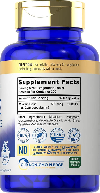 Carlyle Vitamin B-12 500mcg, 300 Tablets - Vegetarian, Non-GMO, Gluten-free