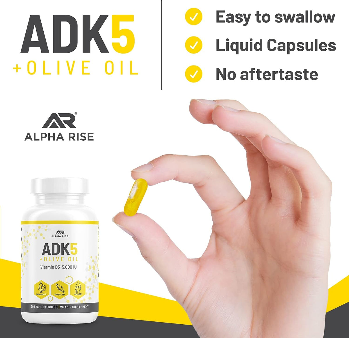 ALPHA RISE ADK Vitamin Supplement - 5000 IU Vitamin D3 + K2 (MK7 & MK4) with Olive Oil - 90 Liquid Capsules - Non-GMO, Vegetarian - görsel 7