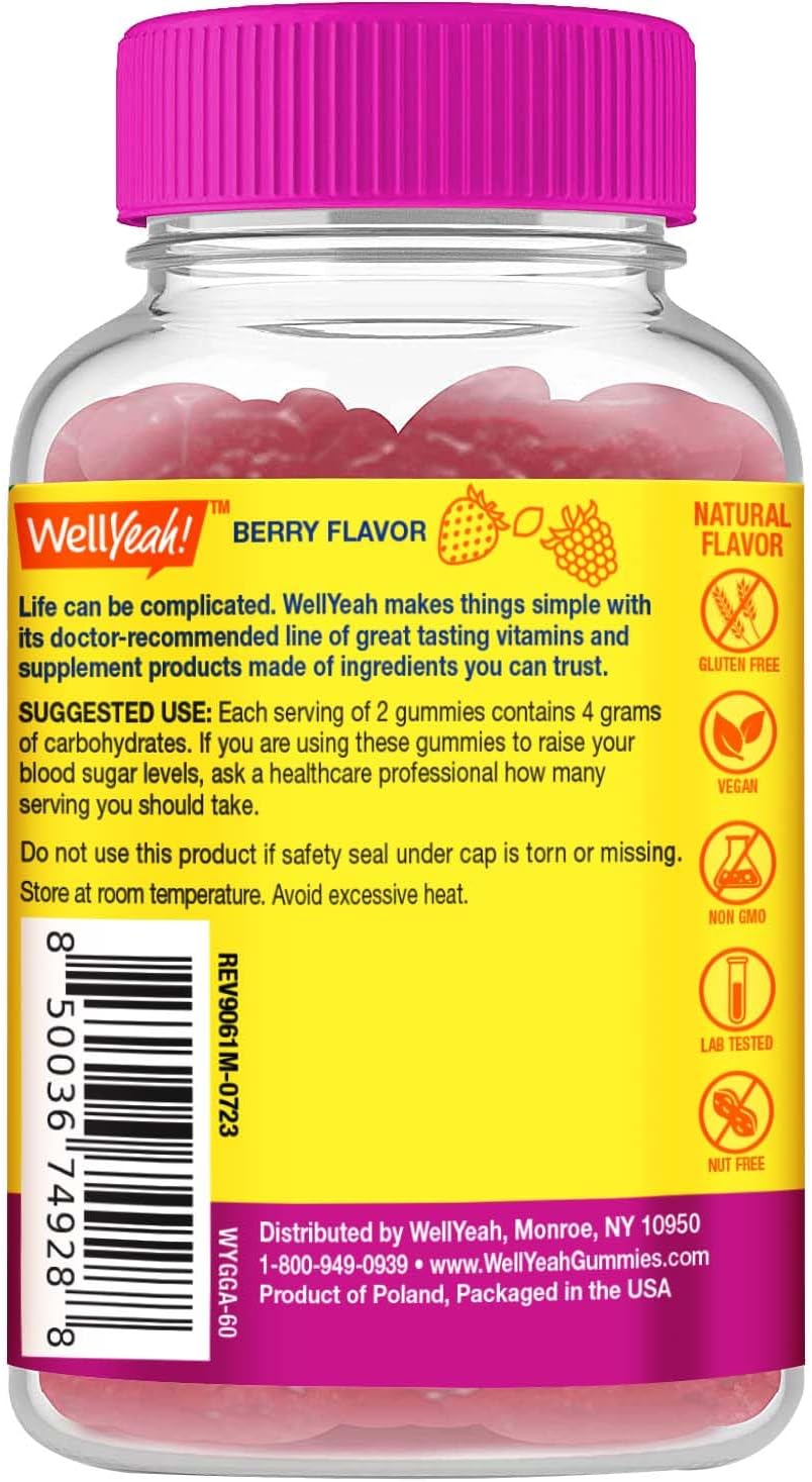 WellYeah Glucose Gummies – 4 Grammes of Carbohydrates, Naturally Sourced Flavours, Chewable for Men and Women, Non-GMO, Gluten-free (60 Count) - görsel 2