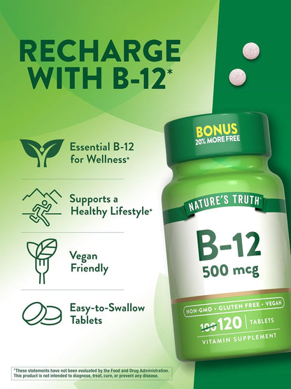 Nature's Truth Vitamin B12 500 mcg - 120 – 500 mcg of Vitamin B12 (as Cyanocobalamin) per tablet – Image 5