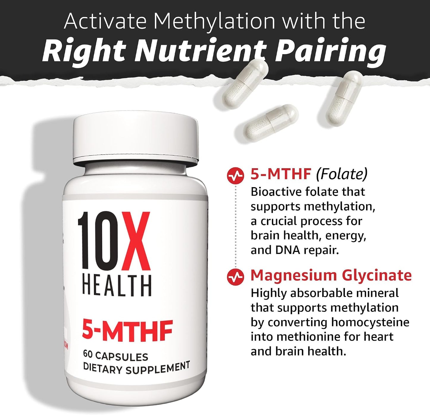 10X Health 5-MTHF Methylfolate - Methylated Folate & Magnesium Supplement - görsel 3
