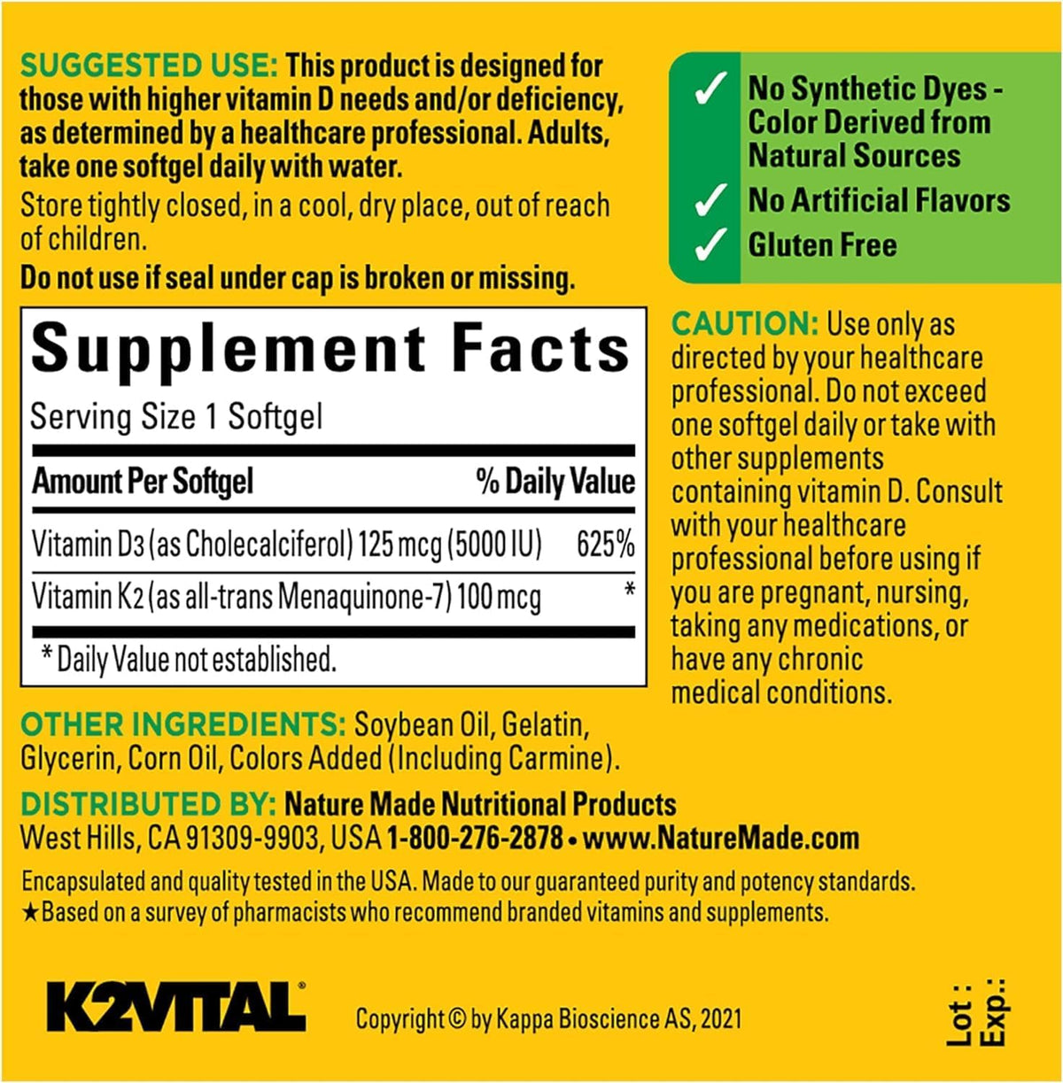 Nature Made Vitamin D3 + K2, 5000 IU (125 µg) with Vitamin K2, 30 Soft gel capsules (Pack of 2) - görsel 5