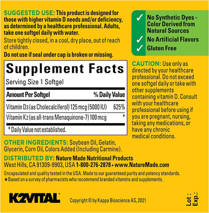 Nature Made Vitamin D3 + K2, 5000 IU (125 µg) with Vitamin K2, 30 Soft gel capsules (Pack of 2)