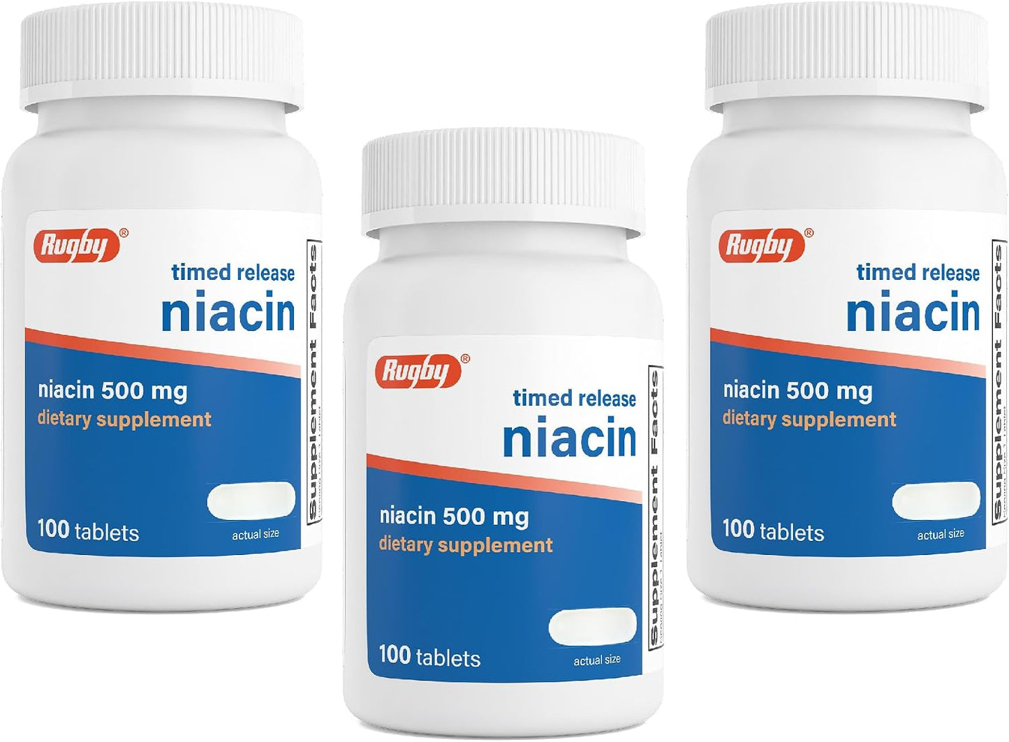 Rugby Timed-Release Niacin 500 mg with Calcium – Food Supplement for Energy and Metabolism support, 100 Tablets (3-Pack) - görsel 1
