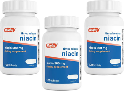 Rugby Timed-Release Niacin 500 mg with Calcium – Food Supplement for Energy and Metabolism support, 100 Tablets (3-Pack)