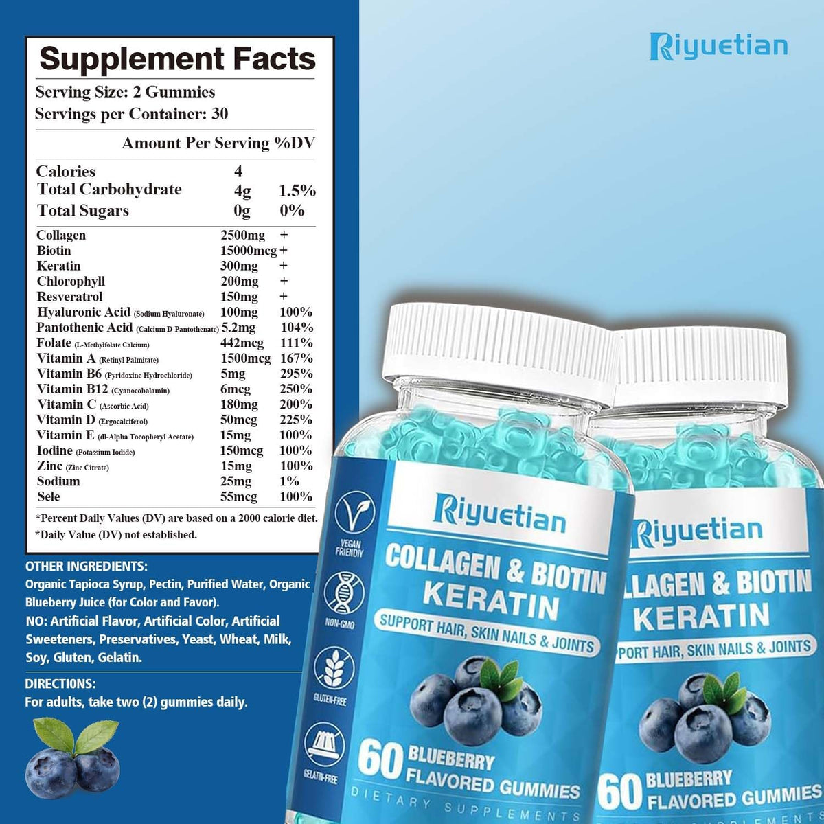 Riyuetian Biotin Gummies 15000mcg with Collagen - Hair, Skin & Nails Support - Vegan, Non-GMO - 60 Gummies - görsel 2
