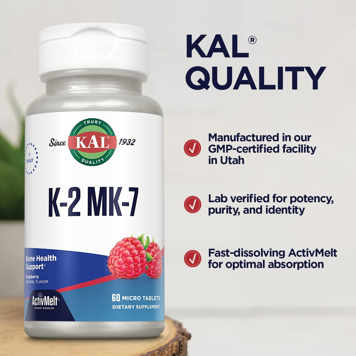 KAL Vitamin K2 MK7 ActivMelt 100 mcg Tablets - Vitamin K Supplement for Nutritional Support for Women & Men, Non-GM, Vegan, Gluten-Free - Natural Raspberry Flavour, 60 Micro Tablets - görsel 4