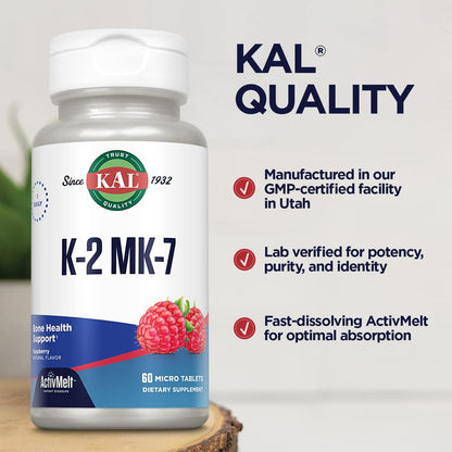 KAL Vitamin K2 MK7 ActivMelt 100 mcg Tablets - Vitamin K Supplement for Nutritional Support for Women & Men, Non-GM, Vegan, Gluten-Free - Natural Raspberry Flavour, 60 Micro Tablets