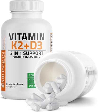 Bronson Vitamin K2 D3 (MK7) Food Supplement - 5000 IU D3 & 90 mcg K2 MK-7, 60 Capsules