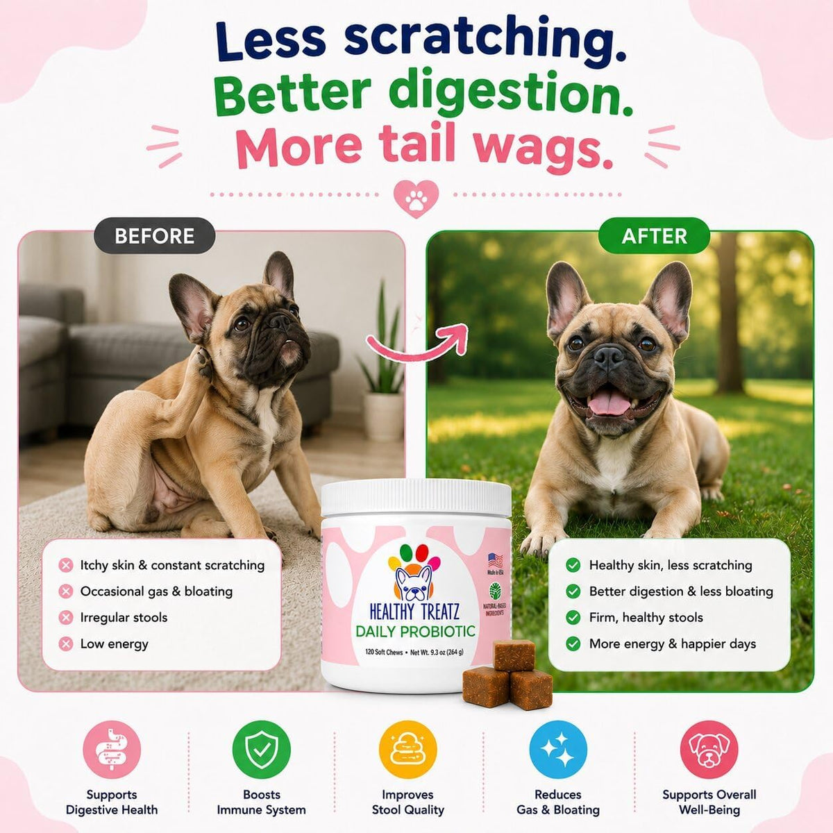 HealthyTreatz Probiotics for Dogs – 2 Billion CFU, 6 Strains with Digestive Enzymes – Gut Health, Diarrhoea Relief, Gas, Itchy Skin & Seasonal Allergy Support – Made in USA – Soft Chews, 120 ct - görsel 5