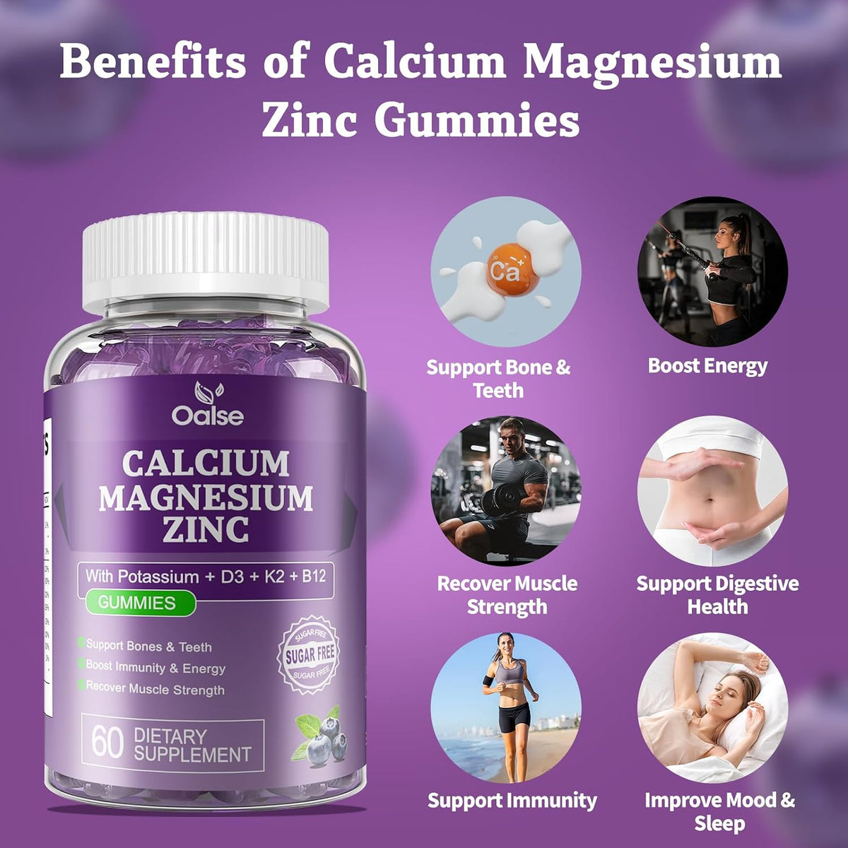OALSE Calcium Magnesium Zinc Gummies with Vitamin D3 & K2 – Sugar-Free, Blueberry Flavoured - görsel 5