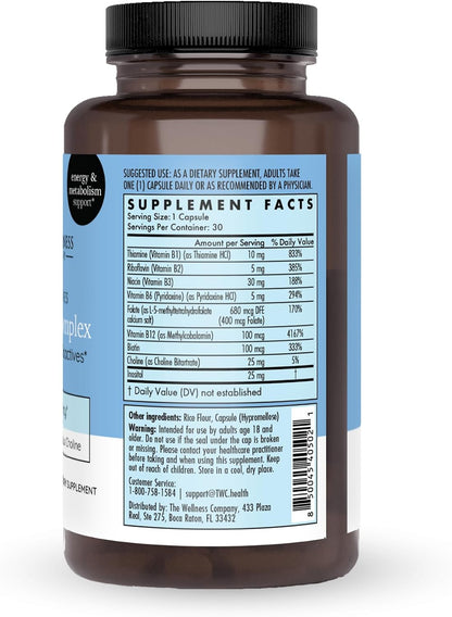 The Wellness Company Vitamin B Complex – Methylated B Vitamins for Energy and Focus, 30 Capsules