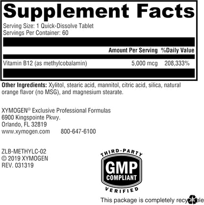 XYMOGEN Methylcobalamin - 5 mg Vitamin B12 - Supports Healthy Methylation, Neurological Health & Red Blood Cell Formation - Non-GMO & Gluten-free - 60 Quick-Dissolve Tablets