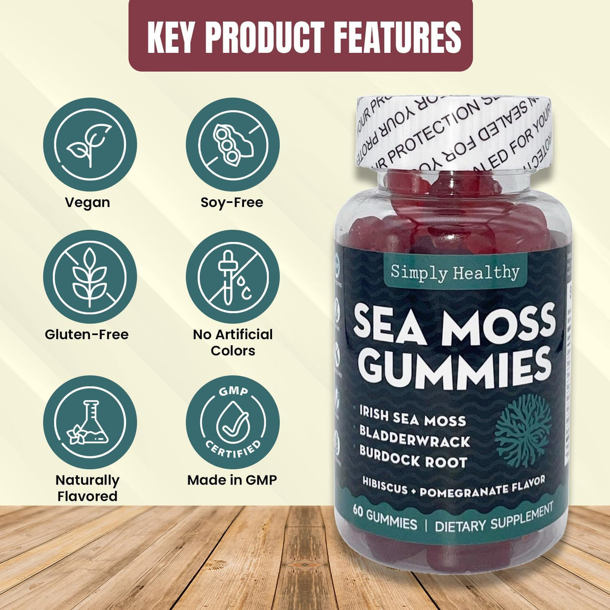 Premium Sea Moss Gummies with Bladderwrack and Burdock Root, 60 Count - görsel 2