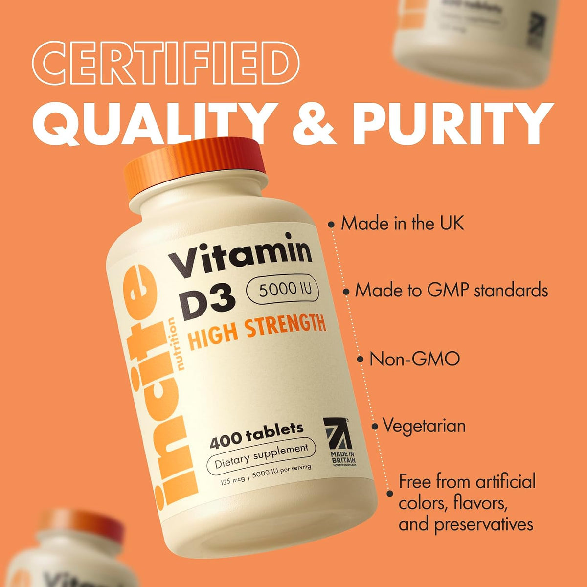 Incite Nutrition Vitamin D 5000 IU - 400 Micro Tablets - High Strength D3 - Vegetarian Supplement - görsel 4