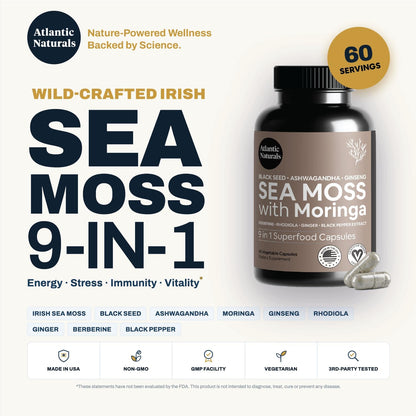 Atlantic Naturals Sea Moss Capsules – Irish Sea Moss with Black Seed Oil, Ashwagandha, Moringa, Ginseng and Ginger – 60 Capsules
