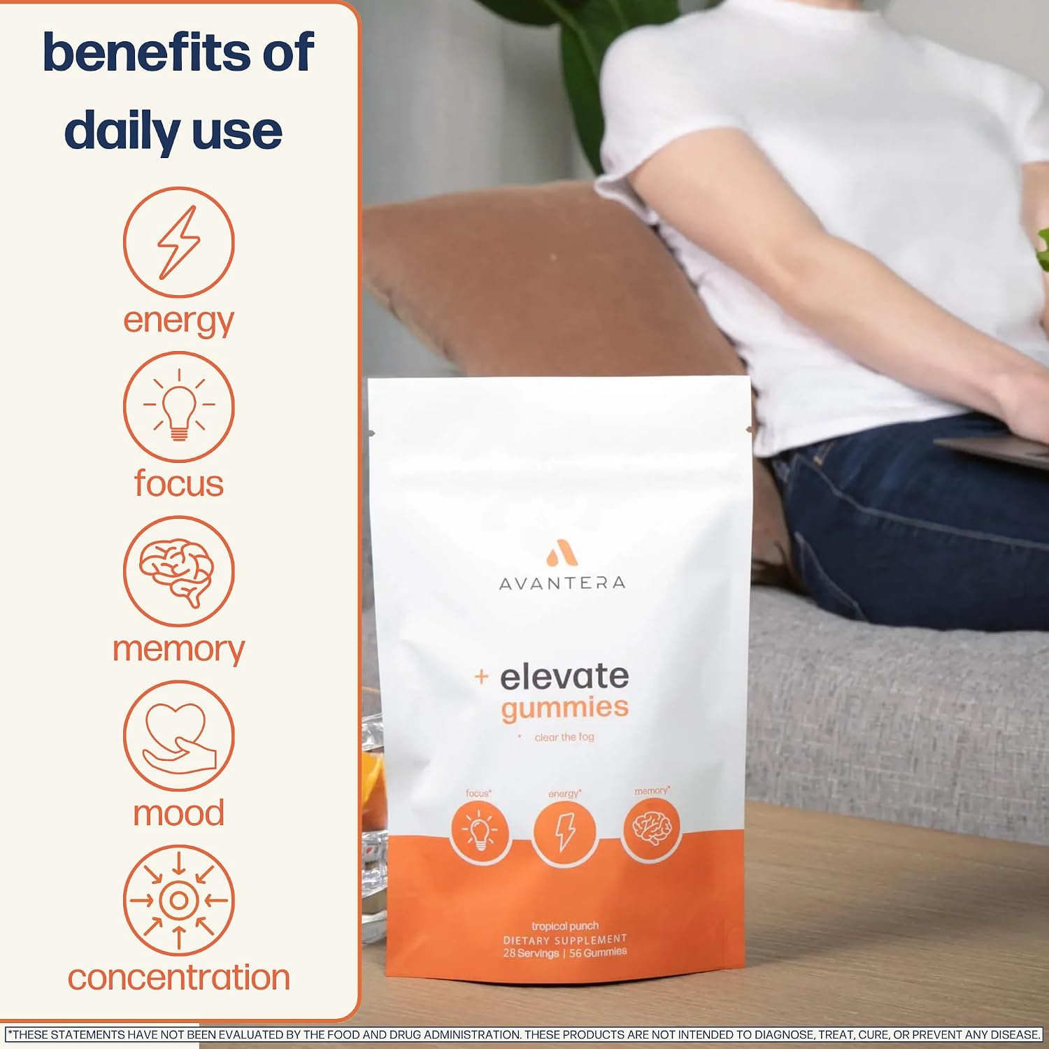 Avantera Elevate Gummies Premium Nootropic Supplement - Beat Brain Fog - Best Focus Supplements for Memory & Focus Support - Energy Without Crash - 56 Gummies for Women & Men - görsel 2