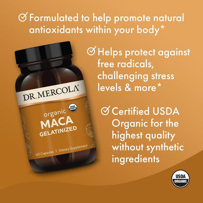 Dr. Mercola Organic Maca - Peruvian Gelatinised Maca Root - Supports Energy & Stress Response - 60 Capsules