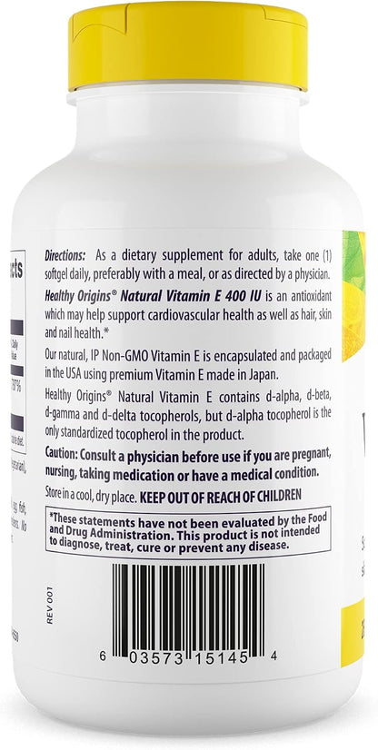 Healthy Origins Vitamin E 400 IU - 180 Liquid Softgels with Natural Mixed Tocopherols