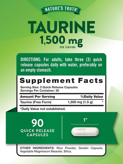 Nature's Truth Taurine Supplement, 1500 mg, 90 Quick Release Capsules, Non-GMO & Gluten-free