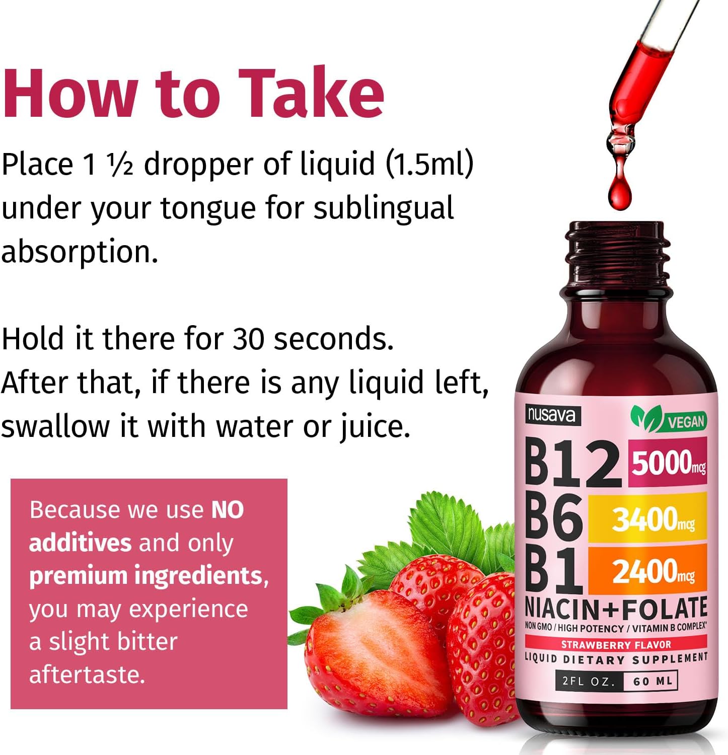 NUSAVA Vitamin B12 Liquid Drops 5000mcg - Sublingual B12 Complex with B6 & B1 - Methylcobalamin - Vegan, Non-GMO, Strawberry (4-Pack, 60 ml Each) - görsel 7