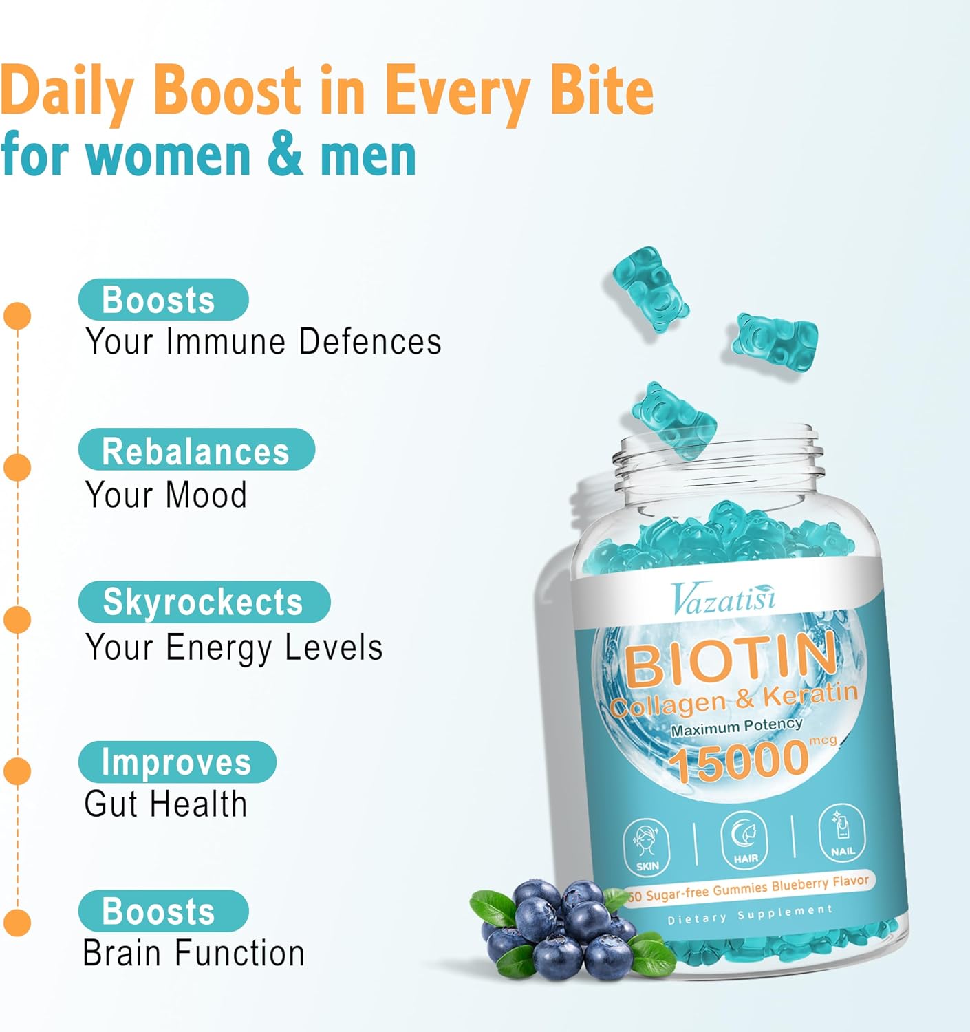 Vazatisi Biotin with Collagen Gummies - Hair, Skin & Nails Supplements - Sugar Free, Blueberry Flavour, 60 Count - görsel 6